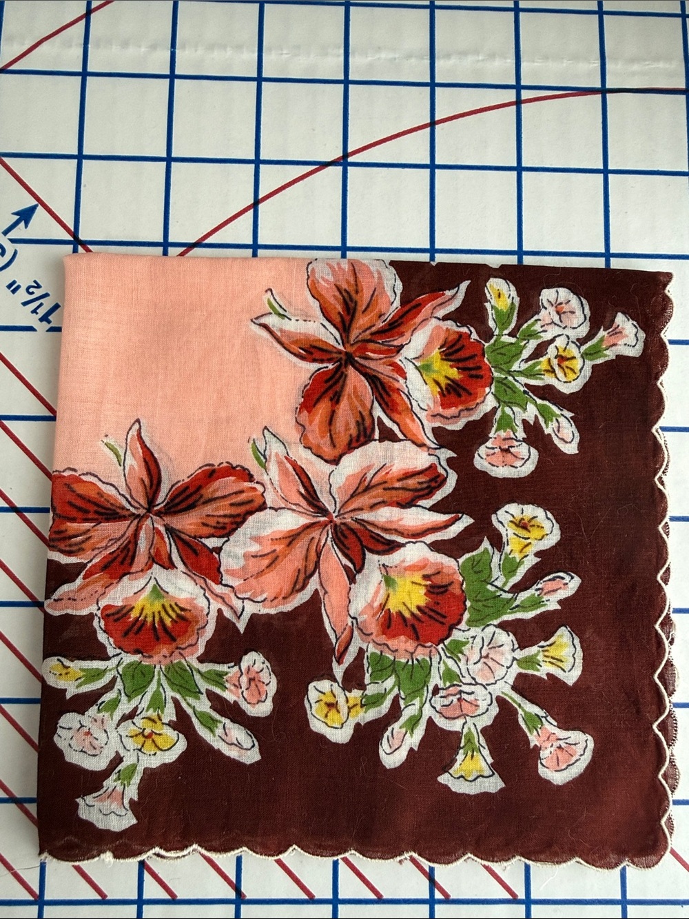 Vintage 1970s Brown & Peach Floral Cotton Handkerchief Scalloped Edge Orchid